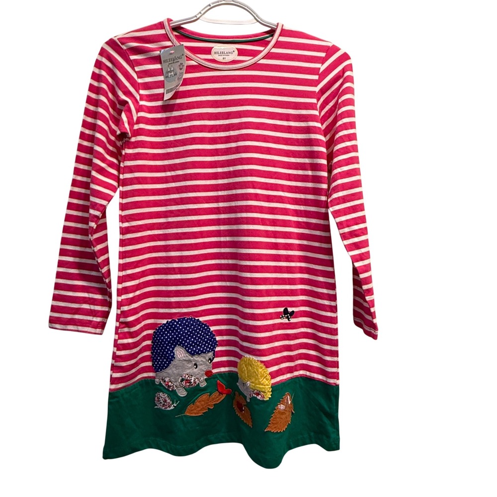 Hileelang Kids Girls Pink White Stripe Hedgehog Applique Dress Size 8 Years‎